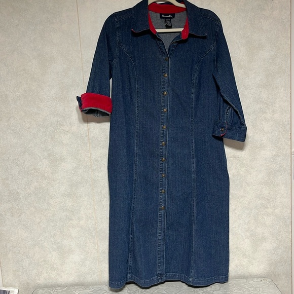 Vtg Denim 3/4 sleeve button up dress/duster size medium red corduroy cuffs - Picture 5 of 12